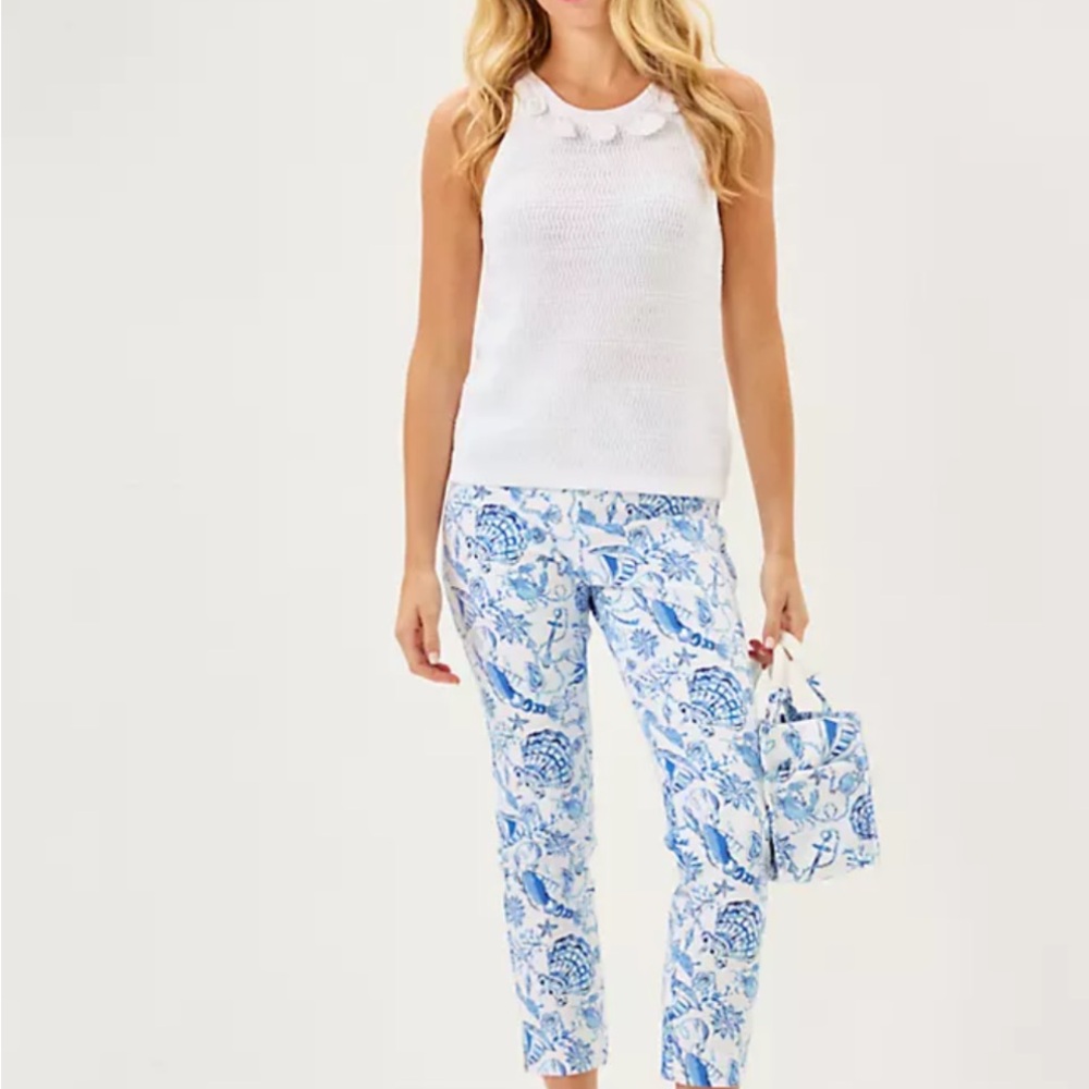 Lilly Pulitzer Nancee Blue and White Floral Cropped 27” Pants 00 NWT